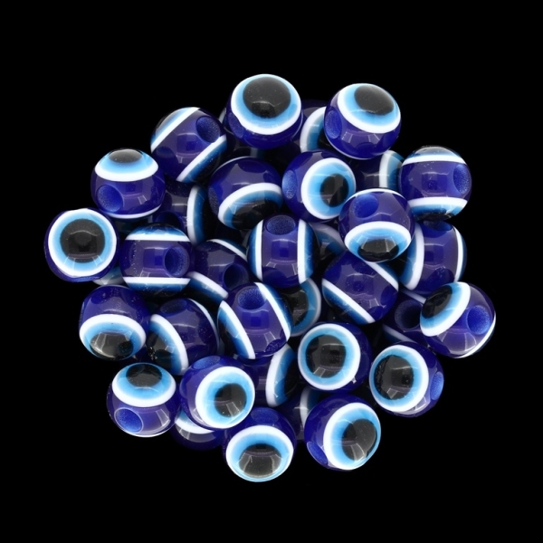 RESIN PLASTIC BEADS - BALL WITH EVIL EYE - 10mm BLUE Hole:3.5mm - 25pcs.