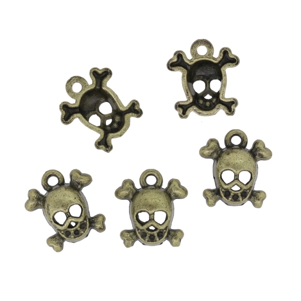 METAL BEADS - PENDANT - SKULL WITH BONES 03 - 13x14x4.5mm ANTIQUE BRONZE - PACKAGE 110pcs. Hole-1.8mm