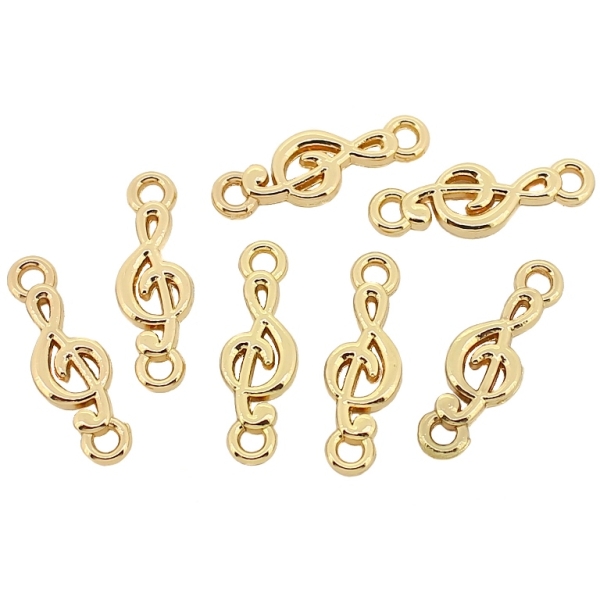 METAL - CHARMS CONNECTOR 2 HOLES UV COATING - TREBLE CLEF - 6.5x19x2mm GOLD COLOR - 10pcs. Hole-1.8mm