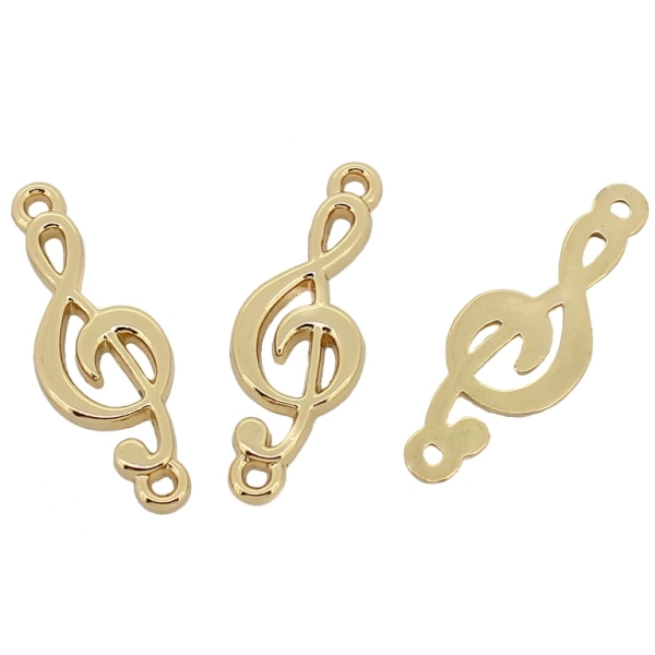 METAL - CHARMS CONNECTOR 2 HOLES UV COATING - TREBLE CLEF - 11x31x2mm GOLD COLOR - 8pcs. Hole-1.8mm