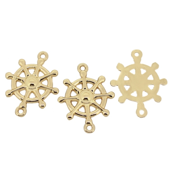 METAL - CHARMS CONNECTOR 2 HOLES UV COATING - SHIP RUDDER - 30x23x2mm GOLD COLOR - 4pcs. Hole-1.8mm