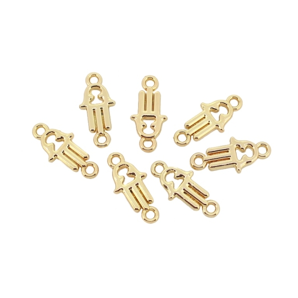 METAL - CHARMS CONNECTOR 2 HOLES UV COATING - THE HAND OF FATIMA - 9x19x2mm GOLD COLOR - 10pcs. Hole-1.8mm