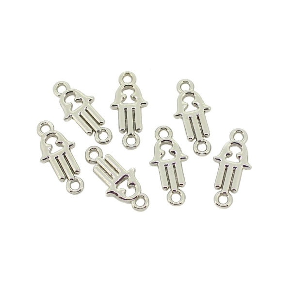 METAL - CHARMS CONNECTOR 2 HOLES UV COATING - THE HAND OF FATIMA - 9x19x2mm SILVER COLOR - 10pcs. Hole-1.8mm