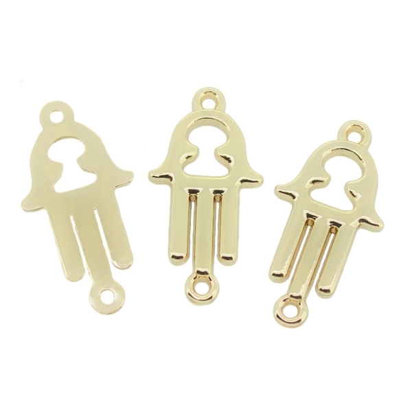 METAL - CHARMS CONNECTOR 2 HOLES UV COATING - THE HAND OF FATIMA - 15x30x2mm GOLD COLOR - 4pcs. Hole-1.8mm