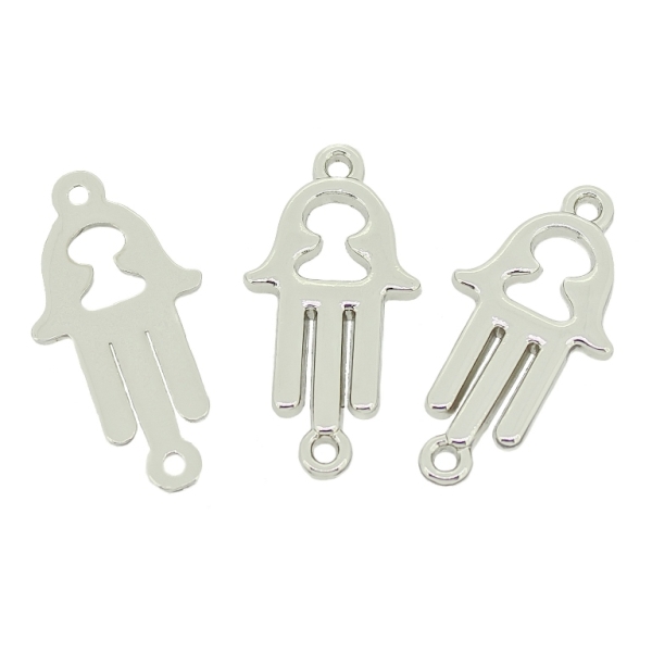 METAL - CHARMS CONNECTOR 2 HOLES UV COATING - THE HAND OF FATIMA - 15x30x2mm SILVER COLOR - 4pcs. Hole-1.8mm