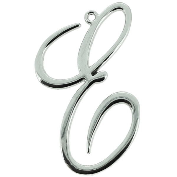 METAL - CHARMS PENDANT 1 HOLE UV COATING - LETTER E - 32x48x1.8mm SILVER COLOR - 1pc. Hole-1.8mm