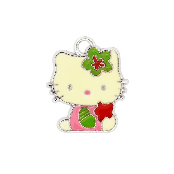 METAL BEADS - ENAMEL PENDANT - KITTY 01 FLOWER - 19х22х1.5 MM PINK-GREEN-RED - 50pcs. Hole:3.0mm