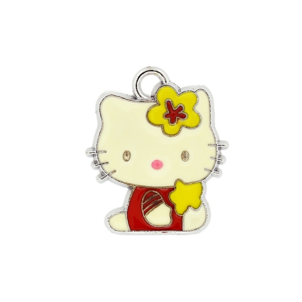 METAL BEADS - ENAMEL PENDANT - KITTY 01 FLOWER - 19х22х1.5 MM RED-RED-YELLOW - 10pcs. Hole:3.0mm