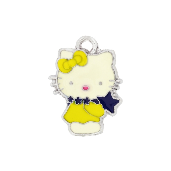 METAL BEADS - ENAMEL PENDANT - KITTY 02 STARS - 18х24х1.5 MM YELLOW-BLUE (DARK)-YELLOW - 10pcs. Hole:3.0mm