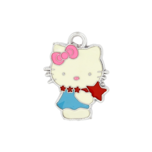 METAL BEADS - ENAMEL PENDANT - KITTY 02 STARS - 18х24х1.5 MM BLUE-RED-PINK - 10pcs. Hole:3.0mm