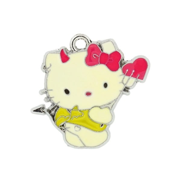 METAL BEADS - ENAMEL PENDANT - KITTY 05 DEVIL - 30х28х1.5 MM YELLOW-PINK-PINK - 10pcs. Hole:3.0mm