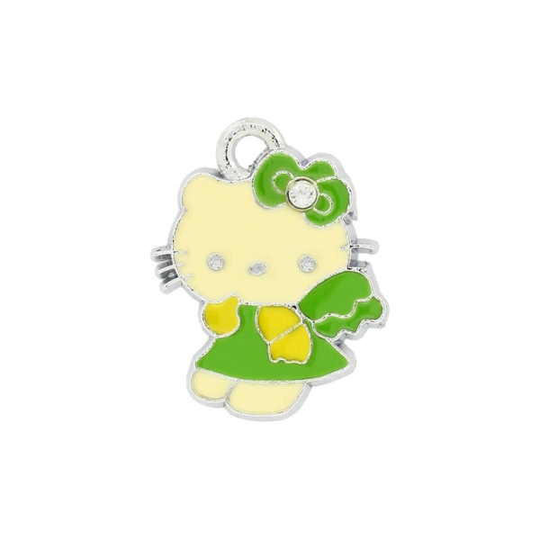 METAL BEADS - ENAMEL PENDANT - KITTY 12 THOUGHTFUL - 18х23х1.5 MM GREEN-YELLOW - 10pcs. Hole:2.5mm