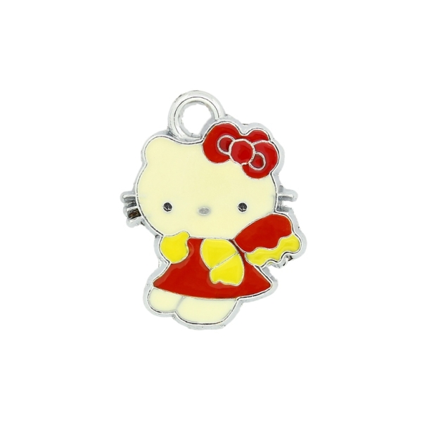 METAL BEADS - ENAMEL PENDANT - KITTY 12 THOUGHTFUL - 18х23х1.5 MM RED-YELLOW - 10pcs. Hole:2.5mm