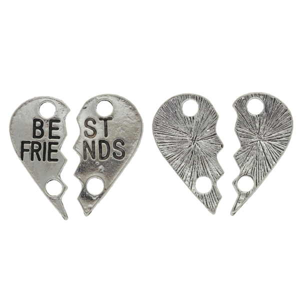 METAL BEADS - CONNECTING ELEMENT - 2 HOLES - HEART OF 2 PARTS 28x14mm - BEST FRIENDS - NICKEL - 2 sets Hole-3.7mm