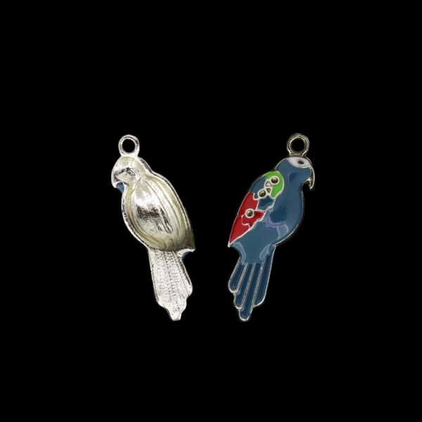 METAL BEADS WITH ENAMEL - UV - PENDANT - PARROT 01 - 11x34x4mm GOLD AND BLUE PETROLEUM - 2pcs. Hole-2.4mm