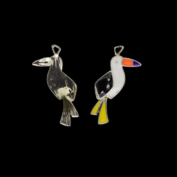 METAL BEADS WITH ENAMEL - UV - PENDANT - BIRD TOUCAN - 17x34x3mm GOLD AND WHITE-YELLOW-ORANGE - 2pcs. Hole-2.0mm