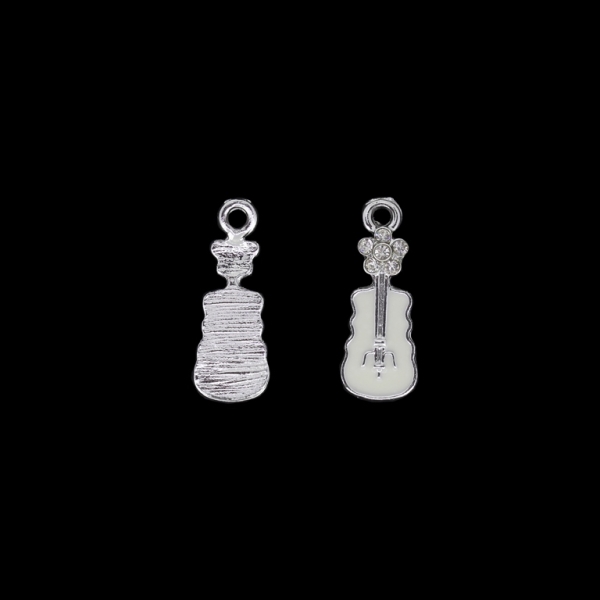 METAL BEADS WITH ENAMEL AND CRYSTALS - UV - PENDANT - GUITAR 02 - 10x26x4mm NICKEL AND WHITE - 2pcs. Hole-2.4mm