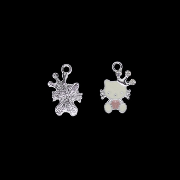 METAL BEADS WITH ENAMEL AND CRYSTALS - UV - PENDANT - KITTY 26 CROWN - 15x21x2mm NICKEL AND ECRU - 2pcs. Hole-2.2mm