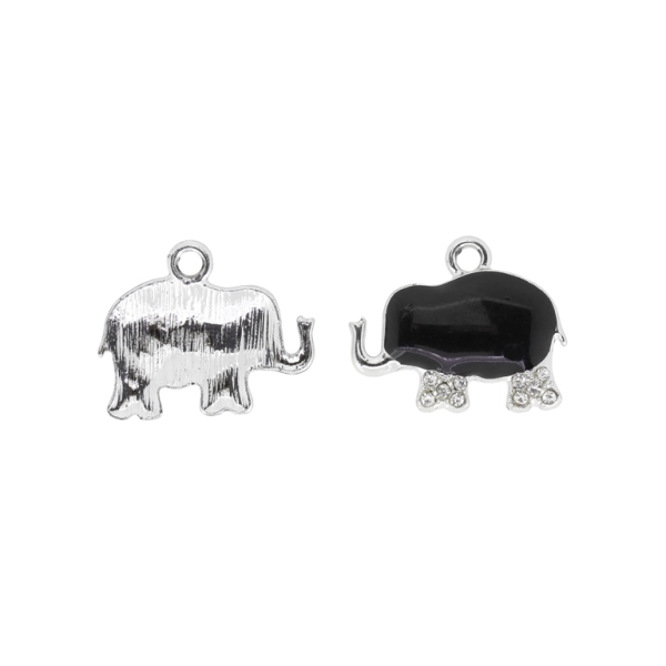 METAL BEADS WITH ENAMEL AND CRYSTALS - UV - PENDANT - ELEPHANT 04 - 24x20x3mm NICKEL AND BLACK - 2pcs. Hole-2.6mm