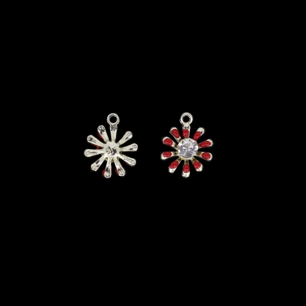 METAL BEADS WITH ENAMEL AND CRYSTALS - UV - PENDANT - FLOWER 11 - 13x16x4mm GOLD AND RED - 2pcs. Hole-1.6mm