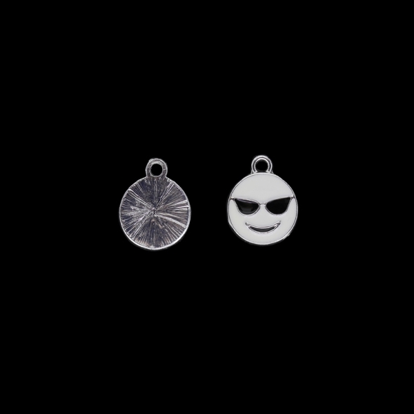 METAL BEADS WITH ENAMEL - UV - PENDANT - EMOJI WITH SUNGLASSES - 13x16x2mm NICKEL AND WHITE - PACKAGE 40pcs. Hole-2.2mm