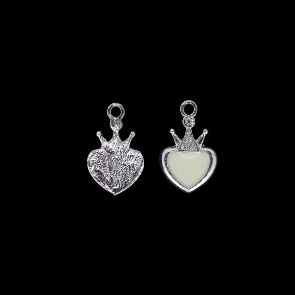 METAL BEADS WITH ENAMEL AND CRYSTALS - UV - PENDANT - HEART WITH CROWN 01 - 15x23x4mm NICKEL AND WHITE - PACKAGE 40pcs. Hole-2.6mm