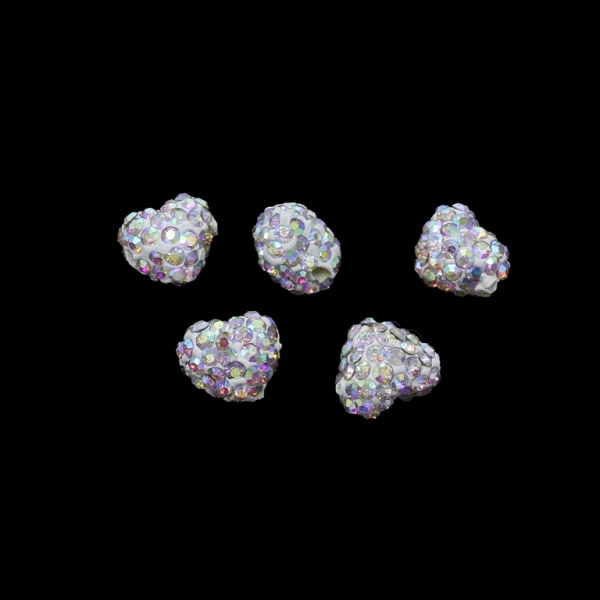 SHAMBALA TYPE - POLYMER WITH CRYSTALS - HEART - 12x13x10mm WHITE AB - 5pcs. Hole horizontal-1.5mm