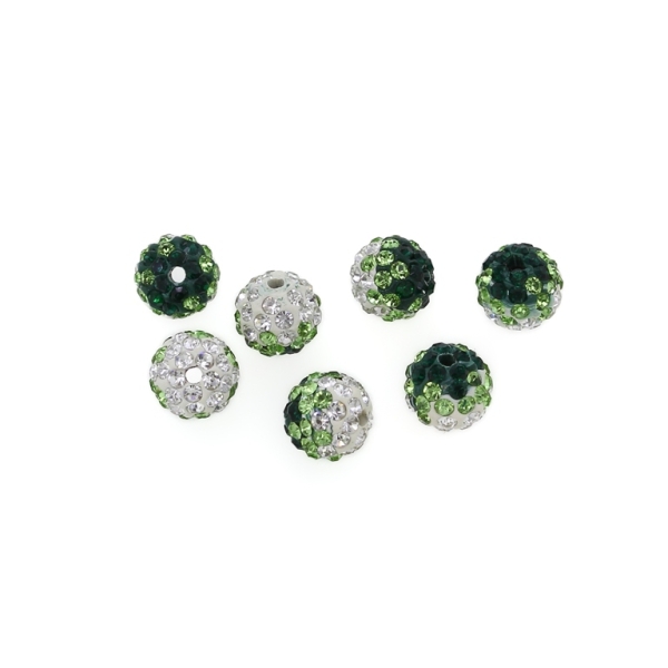 SHAMBALA TYPE - POLYMER WITH CRYSTALS - BALL - 10mm WHITE AND GREEN - 5pcs. Hole-2.0mm 