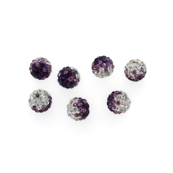 SHAMBALA TYPE - POLYMER WITH CRYSTALS - BALL - 10mm WHITE-PINK-VIOLET - 5pcs. Hole-2.0mm 