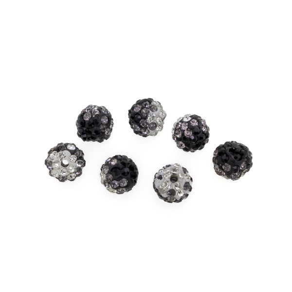 SHAMBALA TYPE - POLYMER WITH CRYSTALS - BALL - 10mm WHITE-GRAY-BLACK - 5pcs. Hole-2.0mm 