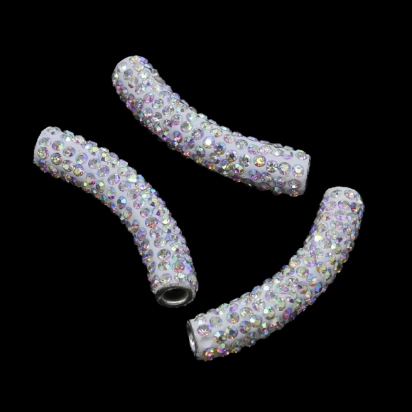 SHAMBALA TYPE - POLYMER WITH CRYSTALS - TUBE CURVED - 47x9mm WHITE AB - PACKAGE 10pcs. Hole-4.0mm