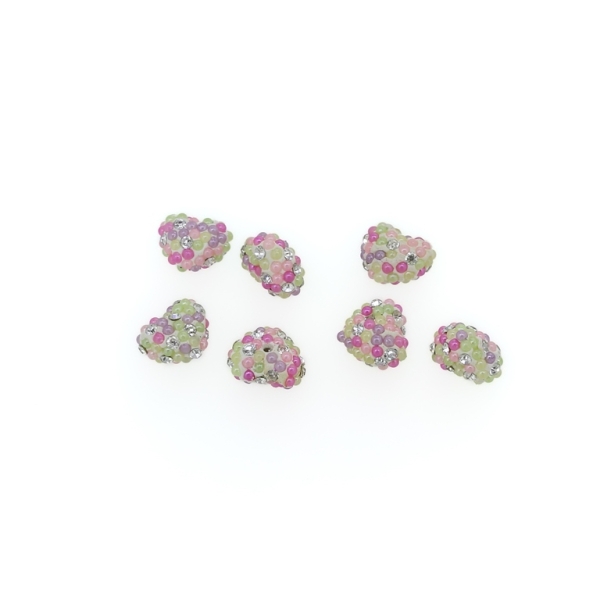 SHAMBALA TYPE FOR PIN - POLYMER WITH PEARLS AND CRYSTALS - HEART - 10x8x6mm WHITE AND MIX PINK - 5pcs. Hole-1.0mm