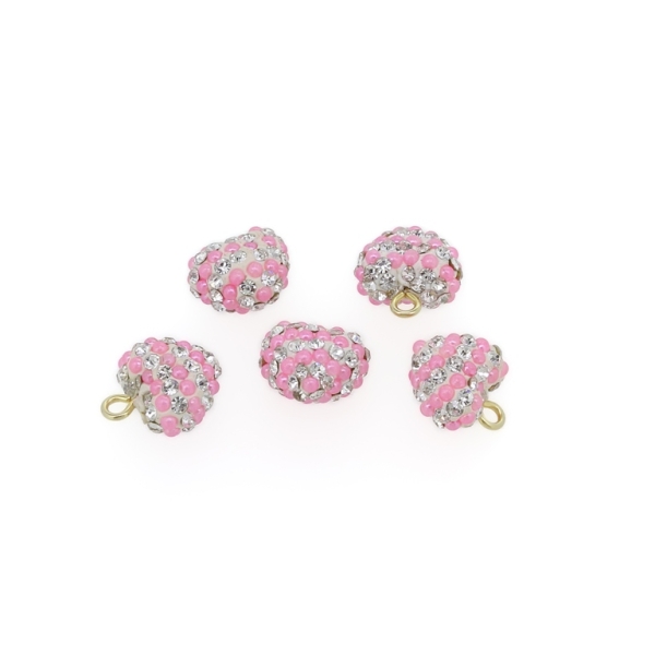 SHAMBALA TYPE - POLYMER WITH PEARLS AND CRYSTALS - HEART WITH RING - 13x14x9mm WHITE AND PINK - 5pcs. Ring-2.0mm