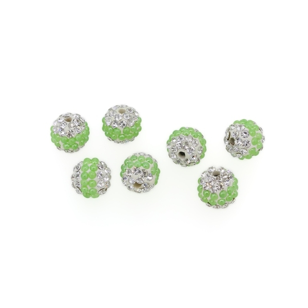 SHAMBALA TYPE - POLYMER WITH PEARLS AND CRYSTALS - BALL - 10mm WHITE AND GREEN - 5pcs. Hole-2.0mm