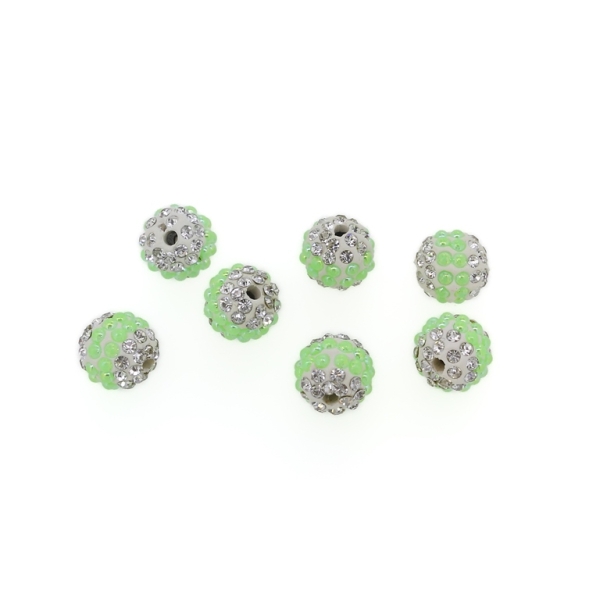 SHAMBALA TYPE - POLYMER WITH PEARLS AND CRYSTALS - BALL - 10mm WHITE AND GREEN 02 - 5pcs. Hole-2.0mm