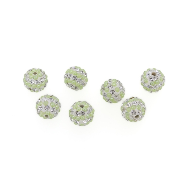 SHAMBALA TYPE - POLYMER WITH PEARLS AND CRYSTALS - BALL - 10mm WHITE AND GREEN (LIGHT) - 5pcs. Hole-2.0mm