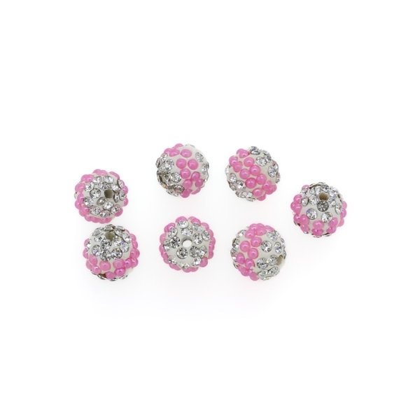 SHAMBALA TYPE - POLYMER WITH PEARLS AND CRYSTALS - BALL - 10mm WHITE AND PINK - 5pcs. Hole-2.0mm