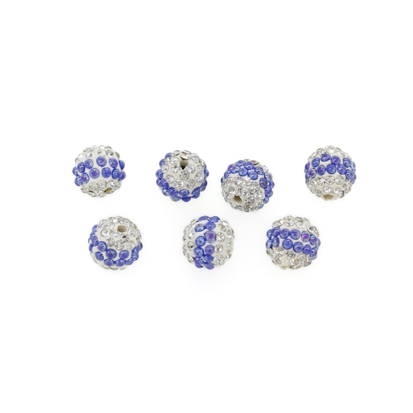 SHAMBALA TYPE - POLYMER WITH PEARLS AND CRYSTALS - BALL - 10mm WHITE AND BLUE - 5pcs. Hole-2.0mm