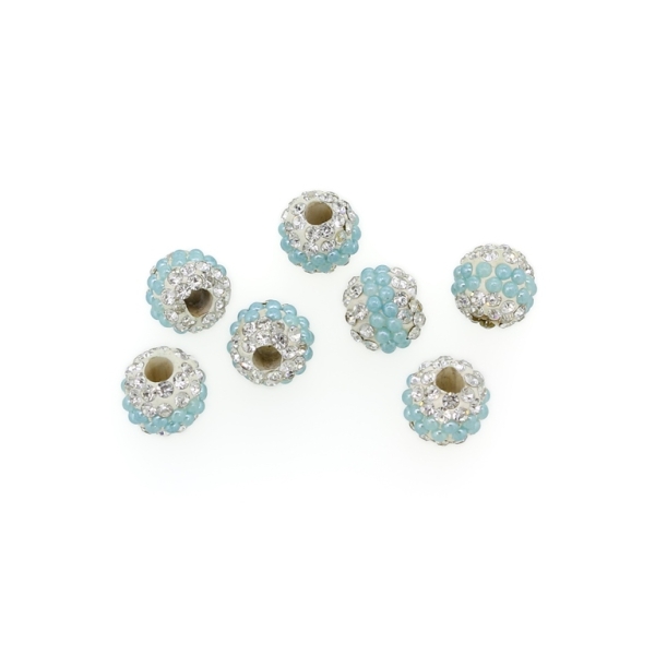 SHAMBALA TYPE - POLYMER WITH PEARLS AND CRYSTALS - BALL - 10mm WHITE AND BLUE (LIGHT) - 5pcs. Hole-3.2mm