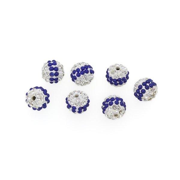 SHAMBALA TYPE - POLYMER WITH PEARLS AND CRYSTALS - BALL - 10mm WHITE AND BLUE (DARK) - 5pcs. Hole-2.0mm