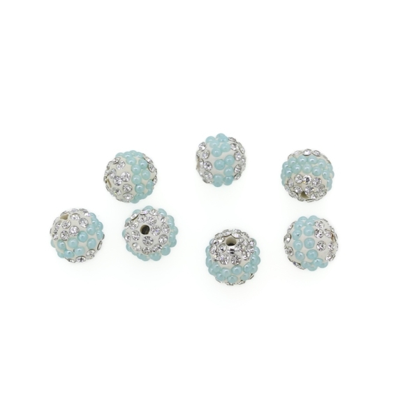 SHAMBALA TYPE - POLYMER WITH PEARLS AND CRYSTALS - BALL - 10mm WHITE AND TURQUOISE BLUE (LIGHT) - 5pcs. Hole-2.0mm