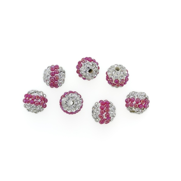 SHAMBALA TYPE - POLYMER WITH PEARLS AND CRYSTALS - BALL - 10mm WHITE AND CYCLAMEN - 5pcs. Hole-2.0mm