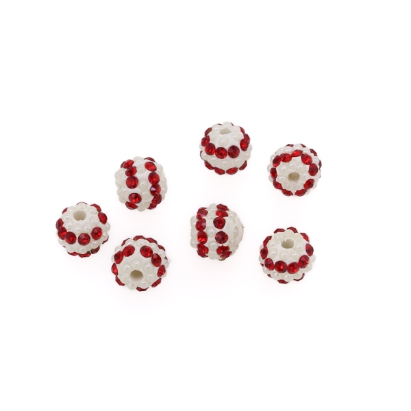 SHAMBALA TYPE - POLYMER WITH PEARLS AND CRYSTALS - BALL - 10mm WHITE AND RED - 5pcs. Hole-2.5mm