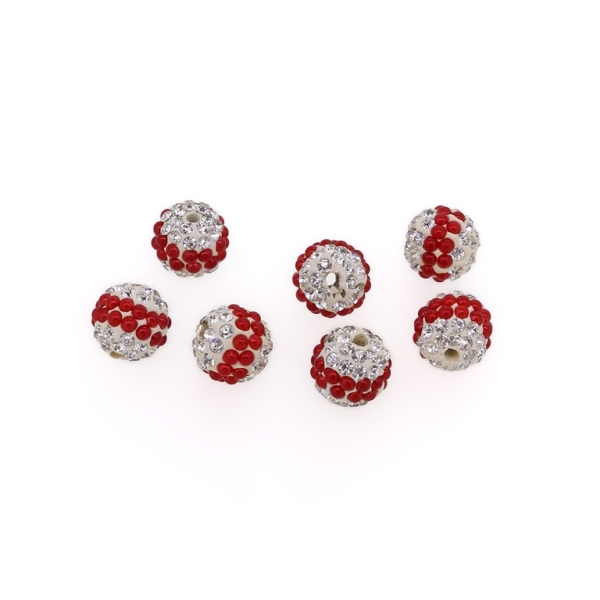 SHAMBALA TYPE - POLYMER WITH PEARLS AND CRYSTALS - BALL - 10mm WHITE AND RED 02 - 5pcs. Hole-2.0mm