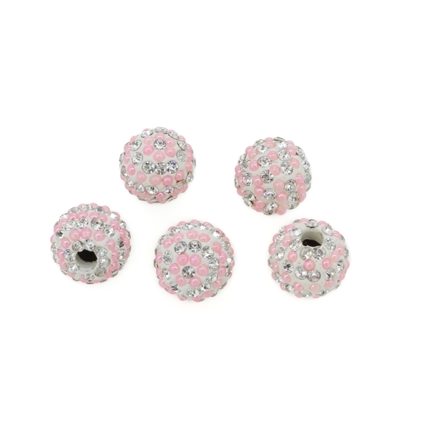 SHAMBALA TYPE - POLYMER WITH PEARLS AND CRYSTALS - BALL FOR SCREW FOR EARRINGS - 14mm WHITE AND PINK (LIGHT) - 5pcs. Hole-3.8mm