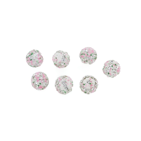 SHAMBALA TYPE - POLYMER WITH PEARLS AND CRYSTALS - BALL FOR PIN - 10mm WHITE-PINK-GREEN - 5pcs. Hole-1.0mm