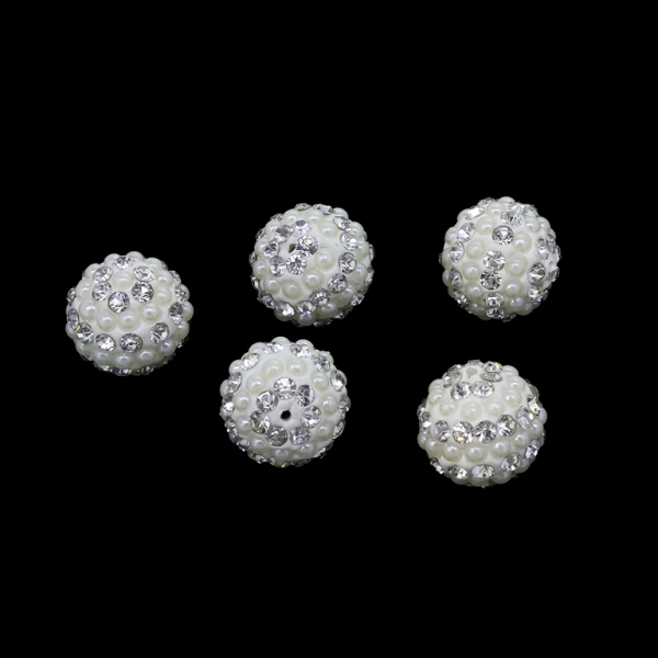 SHAMBALA TYPE FOR PIN - POLYMER WITH PEARLS AND CRYSTALS - BALL - 14mm WHITE AND ECRU - 5pcs. Hole-1.0mm