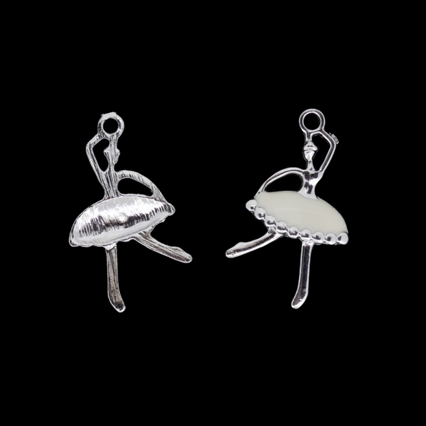 METAL BEADS WITH ENAMEL - UV - PENDANT - BALLERINA 02 - 20x35x3mm NICKEL AND WHITE - PACKAGE 25pcs. Hole-2.7mm