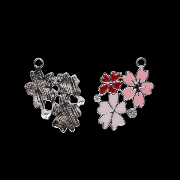 METAL BEADS WITH ENAMEL AND CRYSTALS - UV - PENDANT - FLOWERS 01 - 21x33x2mm NICKEL AND PINK-RED - 2pcs. Hole-2.6mm