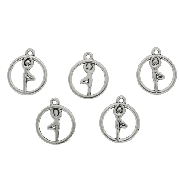 METAL BEADS - PENDANT - ROUND CONTOUR WITH GYMNAST - 16x19x2mm NICKEL - 8pcs. Hole-1.6mm